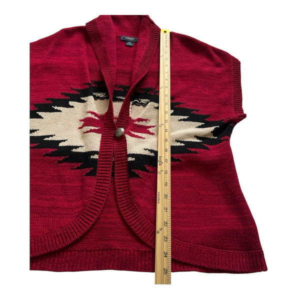 Chaps Cardigan Sweater Womens Lg Red One Button Short Sleeves Southwestern Aztec - Picture 6 of 9